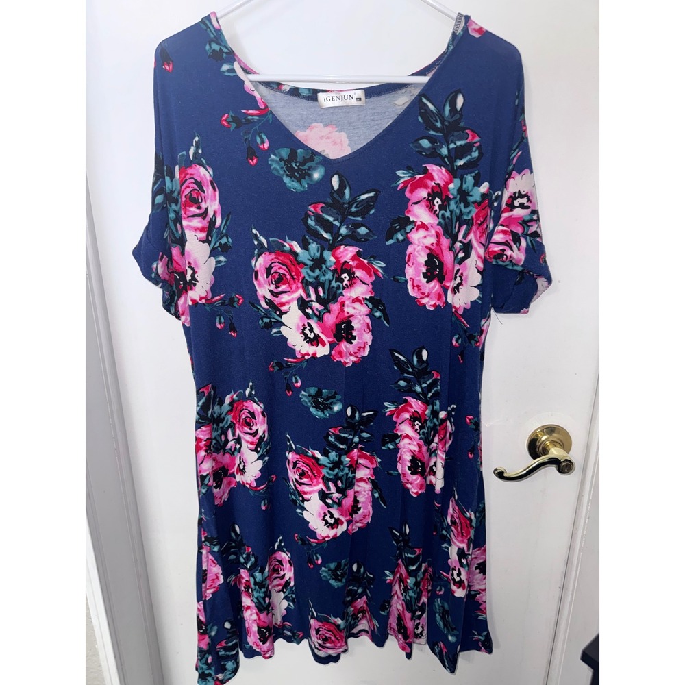 iGENJUN Womens 2XL Floral V-Neck Tunic Top Navy Blue Pink Short Sleeve Dress